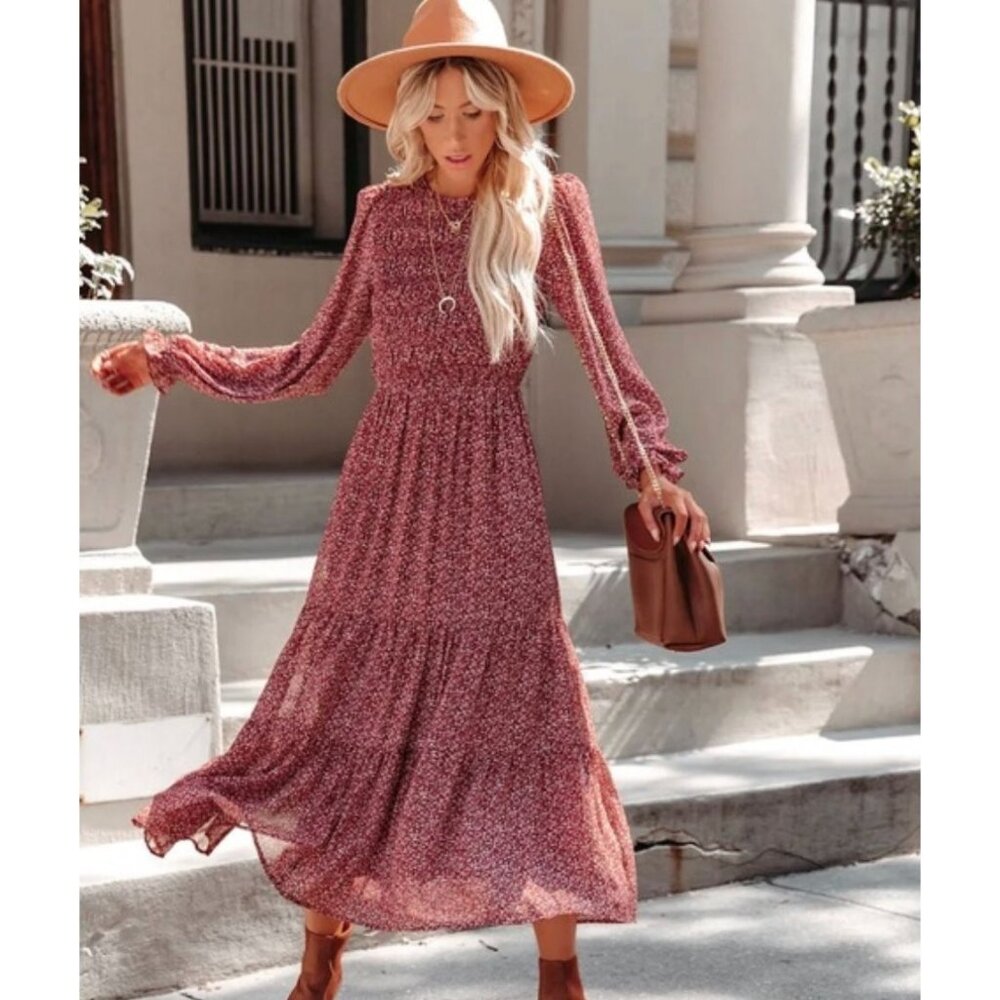 Lush Burgundy Floral Long-Sleeve‎ Maxi Dress Smocked Bodice Tiered Skirt S Boho